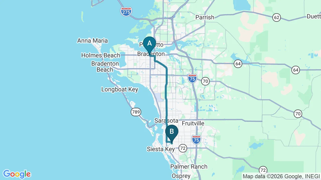 Driving directions map from Bradenton, FL to Sarasota Auto Injury Clinic in Sarasota