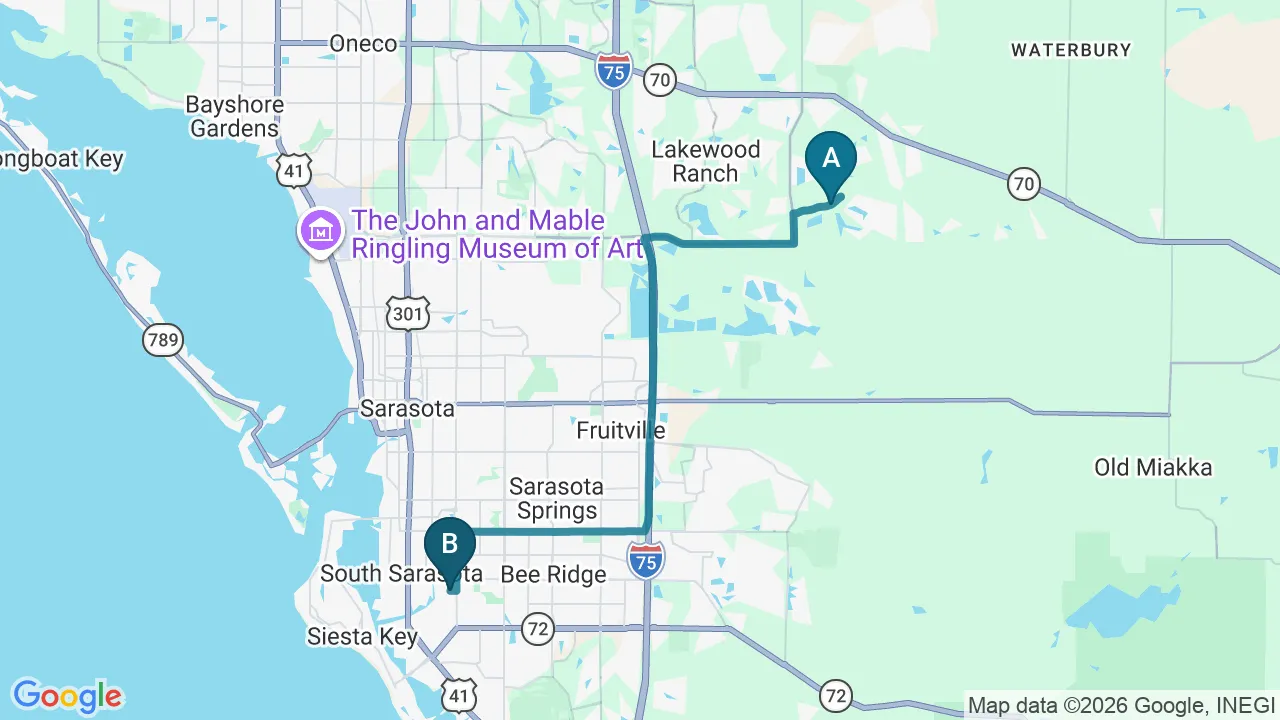 Driving directions map from Lakewood Ranch, FL to Sarasota Auto Injury Clinic in Sarasota
