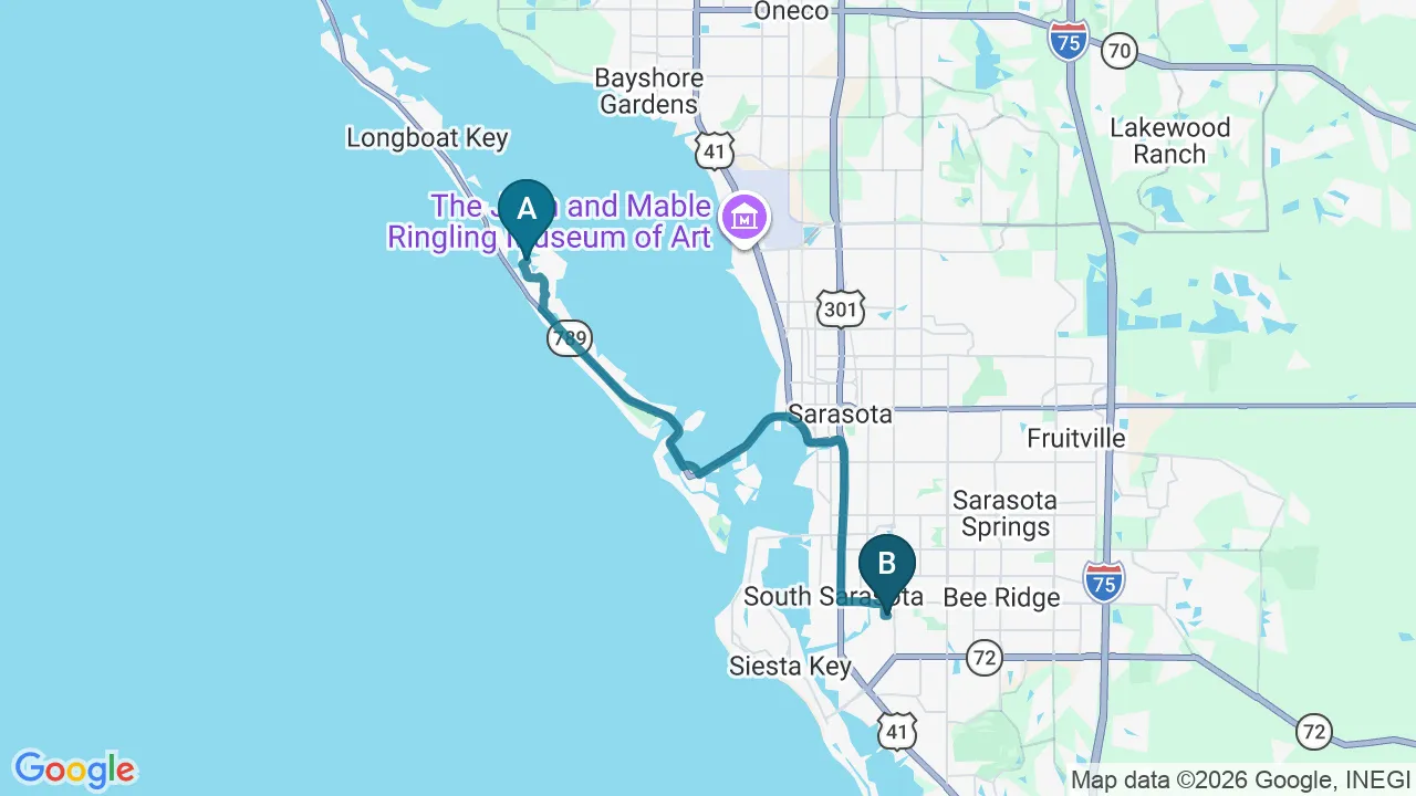 Driving directions map from Longboat Key, FL to Sarasota Auto Injury Clinic in Sarasota
