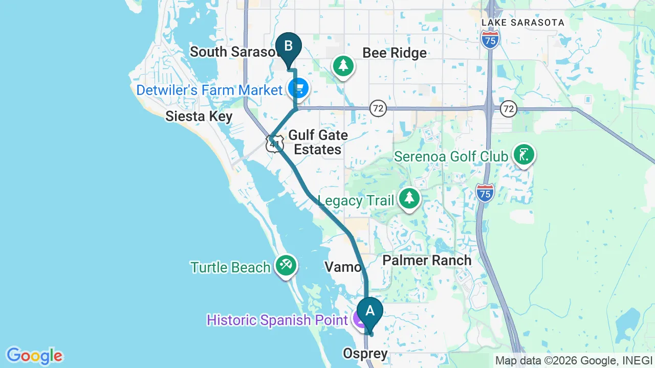 Driving directions map from Osprey, FL to Sarasota Auto Injury Clinic in Sarasota