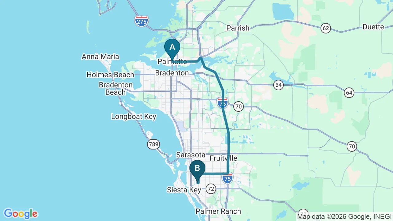 Driving directions map from Palmetto, FL to Sarasota Auto Injury Clinic in Sarasota