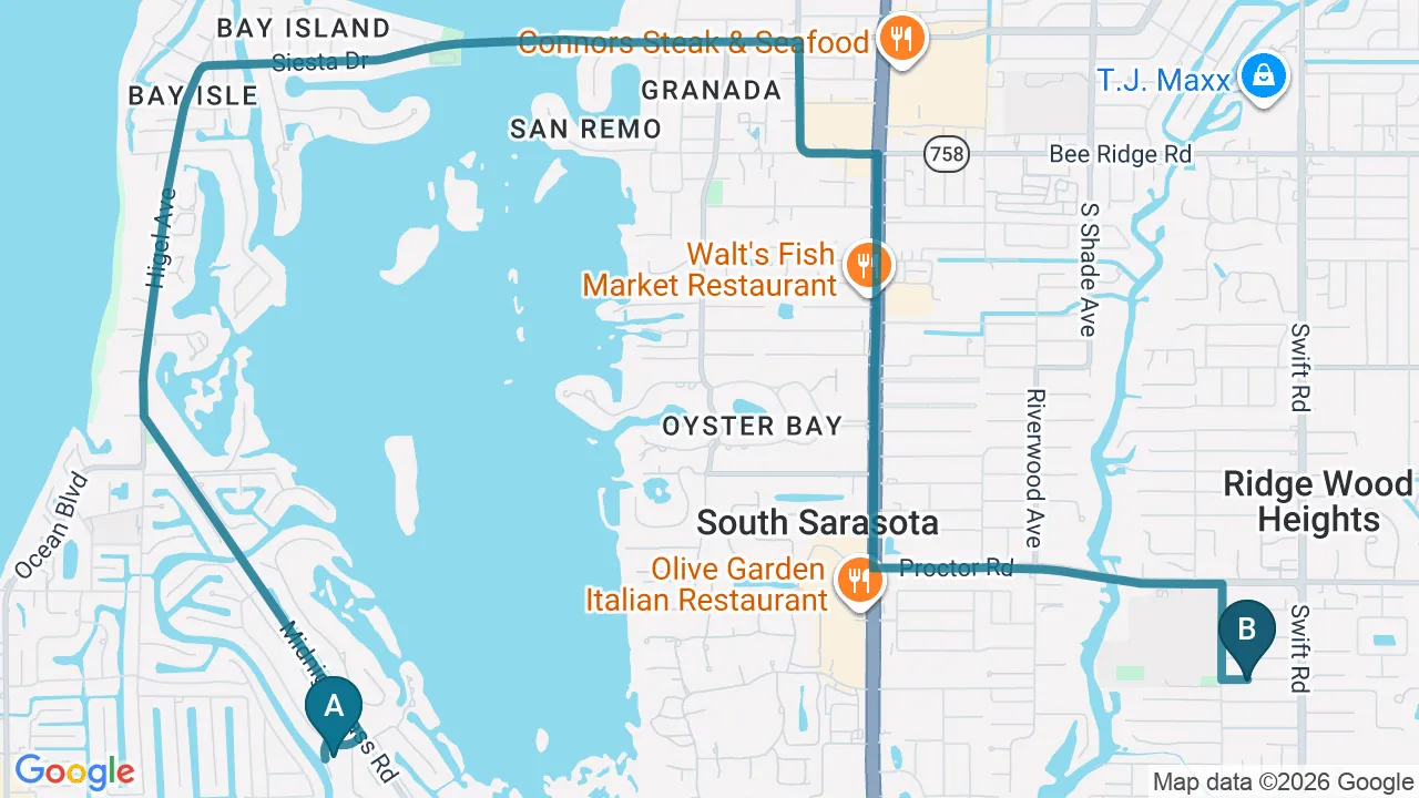 Driving directions map from Siesta Key, FL to Sarasota Auto Injury Clinic in Sarasota