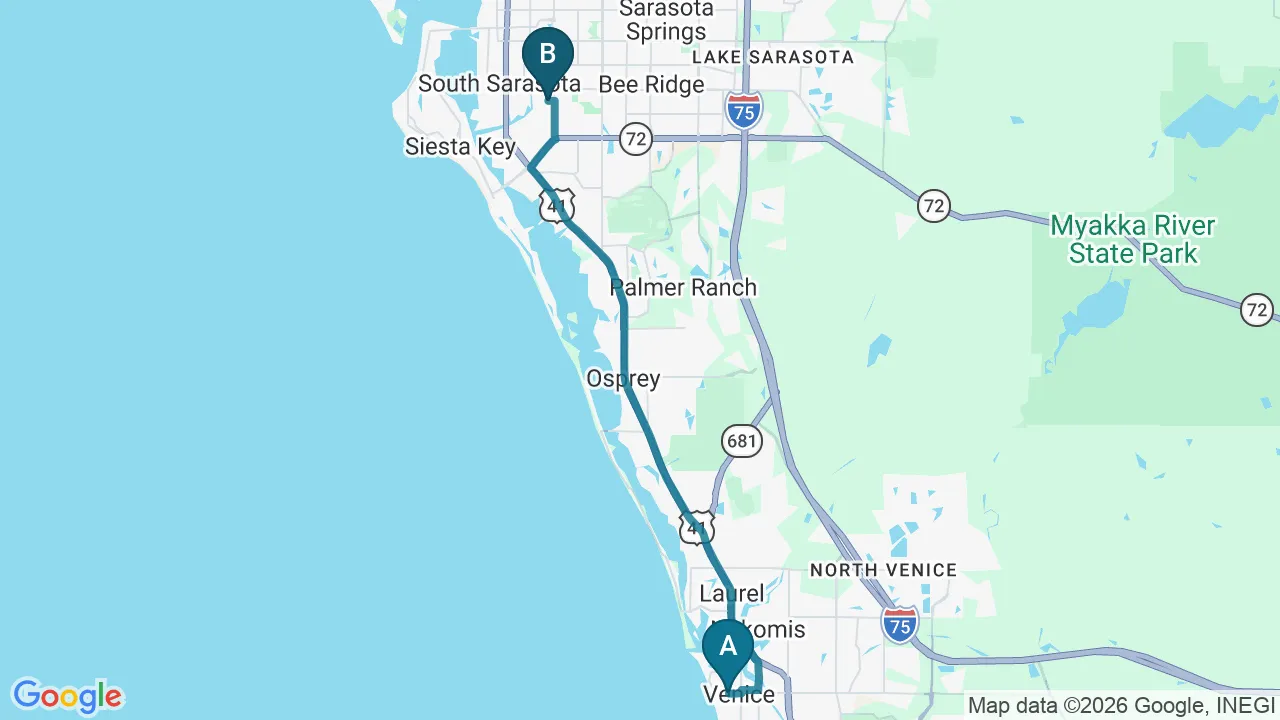 Driving directions map from Venice, FL to Sarasota Auto Injury Clinic in Sarasota